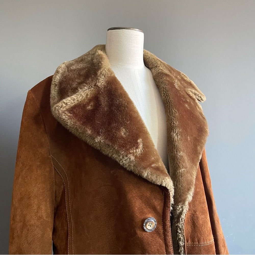 Vintage Shearling Suede Coat Saddle Brown 70s Ranch Cabincore Heritage Outdoor - Picture 2 of 8